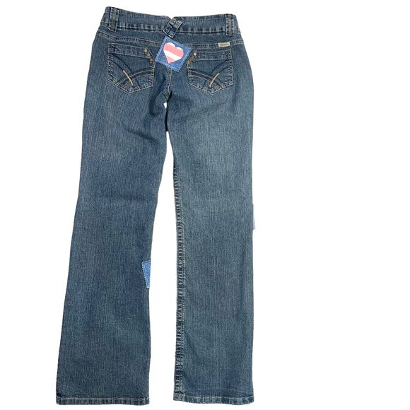 Patched Boho Jeans Pink Hearts Wide Leg Upcycled Denim Womens 4 Hydraulic - Picture 9 of 13